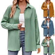 qolati Womens Long Sleeve Shacket Casual Ribbed Button Down Fall Shirt Jacket 2023 Trendy Loose Boyfriend Outerwear Cardigan