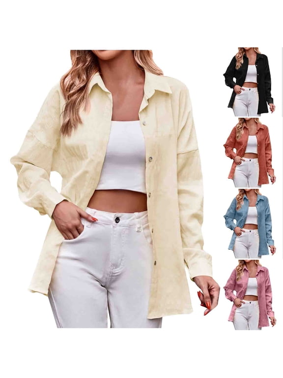 Womens Long Sleeve Shacket Casual Ribbed Button Down Fall Shirt Jacket 2023 Trendy Loose Boyfriend Outerwear Cardigan