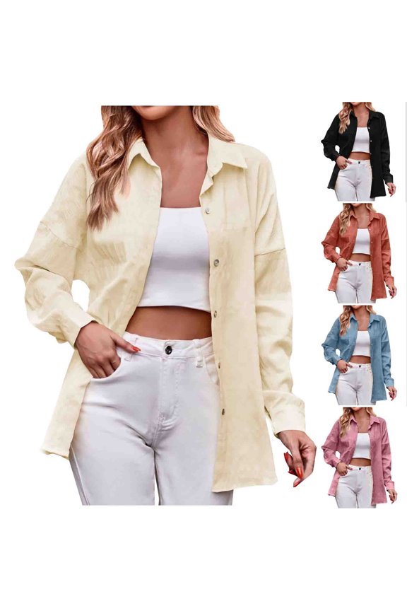 Womens Long Sleeve Shacket Casual Ribbed Button Down Fall Shirt Jacket 2023 Trendy Loose Boyfriend Outerwear Cardigan