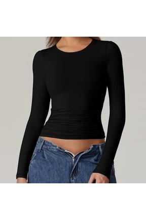 Womens Long Sleeve Shirts Double Lined Crew Neck Tight Layering Crop Tops Fall Fitted Stretch Going Out Basic Tee Fashion Clothing Black L
