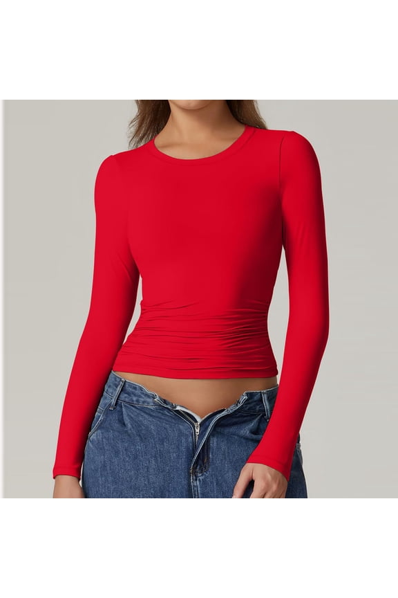 Womens Long Sleeve Shirts Double Lined Crew Neck Tight Layering Crop Tops Fall Fitted Stretch Going Out Basic Tee Fashion Clothing Red M