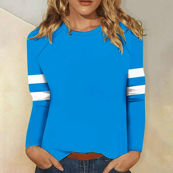 qolati Womens Long Sleeve Shirts Oversized Color Block Casual Crewneck Tops Tshirt Lightweight Basic Tees Fall Fashion Clothes Outfits 2024