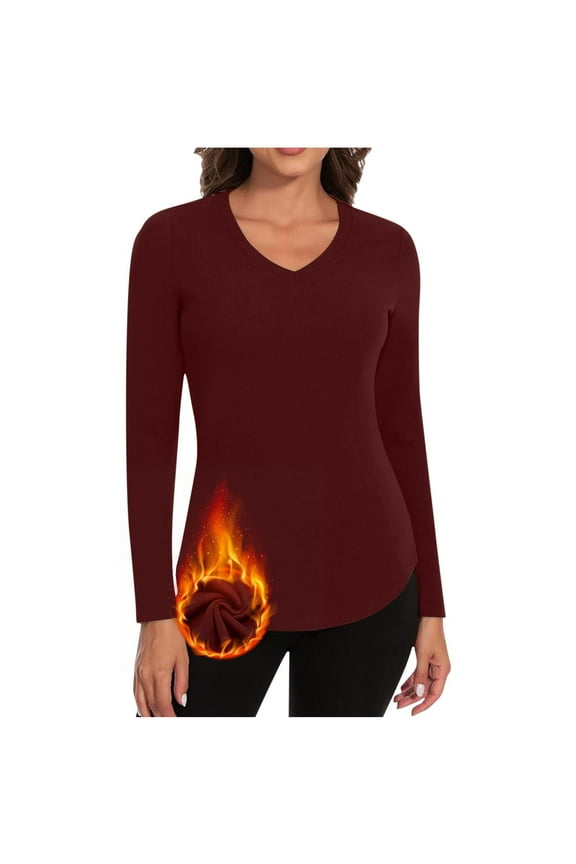 Womens Long Sleeve Thermal Shirts Winter Warm V Neck T Shirts Underwear Tops Basic Slim Fitted Tees Wine L US8