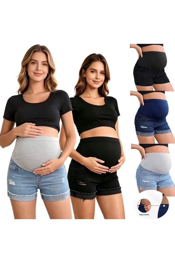Womens Maternity High Elastic Waist Ripped Roll Up Hem Denim Clothes Mini Shorts Summer Casual Yoga Pregnancy Shorts Dark Blue L