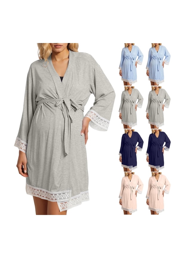 Womens Maternity Nursing Robe 3/4 Sleeve Lace Trim Labor Delivery Nursing Gown Lightweight Pregnancy Breastfeeding Bathrobes Pink XXL