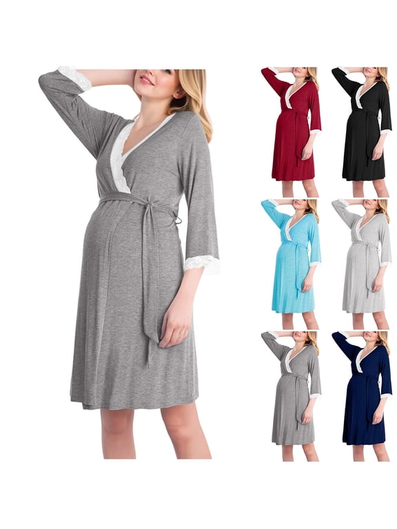 Womens Maternity Nursing Robe 3/4 Sleeve Pregnancy Breastfeeding Bathrobes with Belts Lace Trim Labor Delivery Nursing Gown Soft Ladies Sleepwear Dark Gray 2X-Large