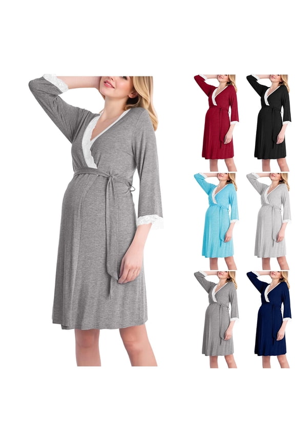 Womens Maternity Nursing Robe 3/4 Sleeve Pregnancy Breastfeeding Bathrobes with Belts Lace Trim Labor Delivery Nursing Gown Soft Ladies Sleepwear Gray Medium