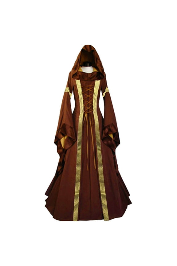 Womens Medieval Renaissance Dresses Halloween Victorians Vintage Retro Gown Long Dress Flared Long Sleeve Lace Up Hooded Cloak Robe for Party, Evening, Prom