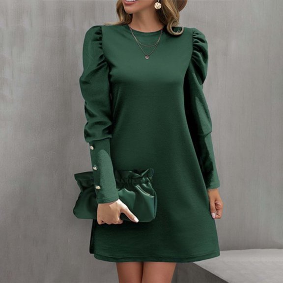 qolati Womens Mini Dresses Mock Neck Ruffle Long Puff Sleeve Business Work Dress Casual Loose Fit Fall Dresses Winter Clothes 2024 Green L