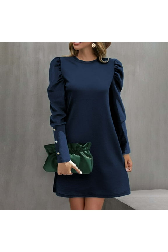 Womens Mini Dresses Mock Neck Ruffle Long Puff Sleeve Business Work Dress Casual Loose Fit Fall Dresses Winter Clothes 2024 Navy M