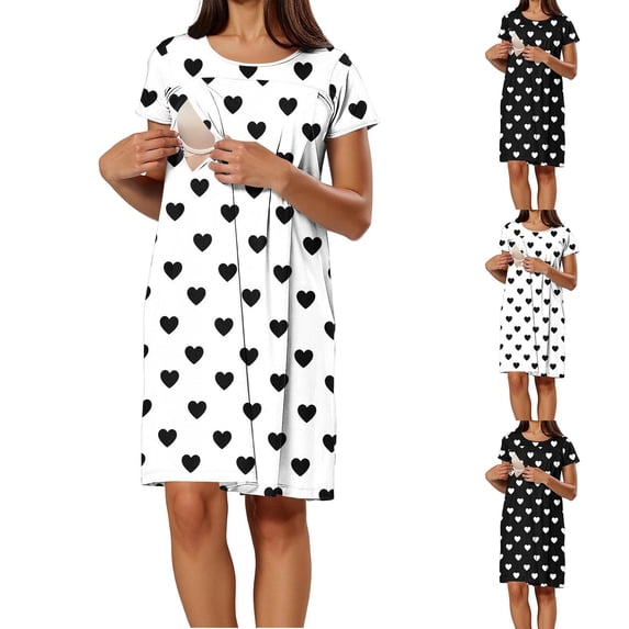 qolati Womens Nursing Dresses Summer Short Sleeve Love Printed Maternity Breastfeeding Knee Length Dress Comfortable Casual Crewneck Pleated Nightgown Black XXL