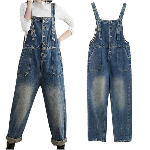qolati Womens One-Piece Denim Jumpsuits Sleeveless Adjustable Straps Rompers Loose Wide Leg Jeans Overalls with Pockets