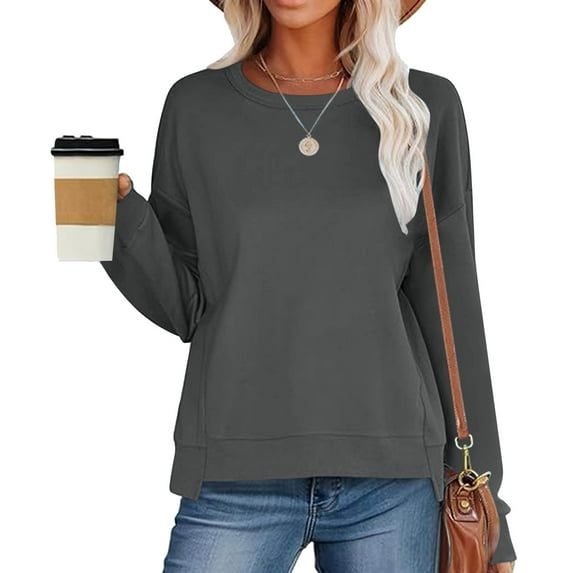 qolati Womens Oversized Cropped Sweatshirt Basic Solid Crewneck Long Sleeve Shirts Trendy 2024 Fall Tops Casual Loose Irregular Hem Pullover Hoodie