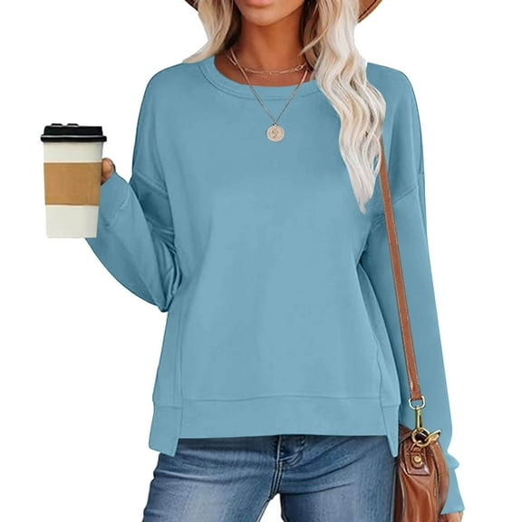 qolati Womens Oversized Cropped Sweatshirt Basic Solid Crewneck Long Sleeve Shirts Trendy 2024 Fall Tops Casual Loose Irregular Hem Pullover Hoodie