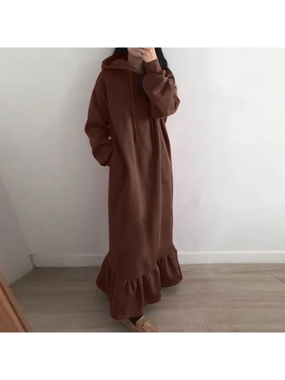 Womens Oversized Hoodies Dress Casual Long Sleeve Crewneck Pullover Sweatshirt Maxi Dress Trendy Solid Ruffled Hem A-Line Dress