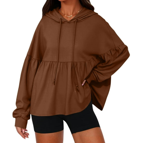 qolati Womens Oversized Hoodies Sweatshirts Casual Lantern Long Sleeve Peplum Hem Pullover Tops Loose Plain Solid Drawstring Hooded Flowy Blouses