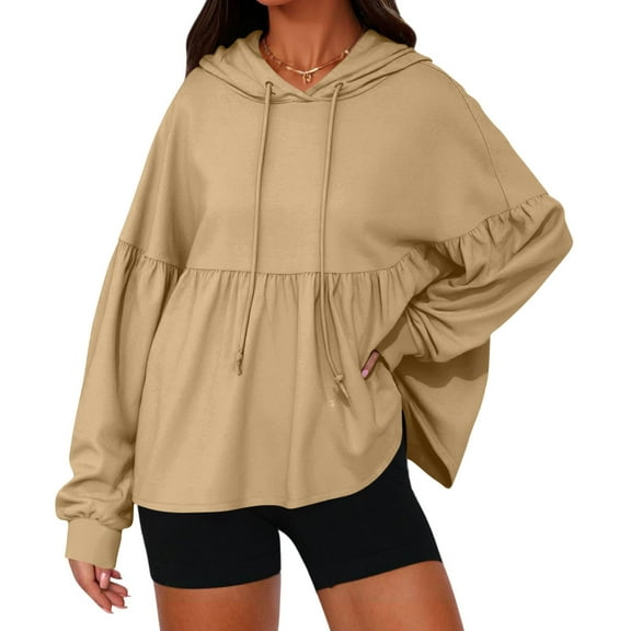 qolati Womens Oversized Hoodies Sweatshirts Casual Lantern Long Sleeve Peplum Hem Pullover Tops Loose Plain Solid Drawstring Hooded Flowy Blouses