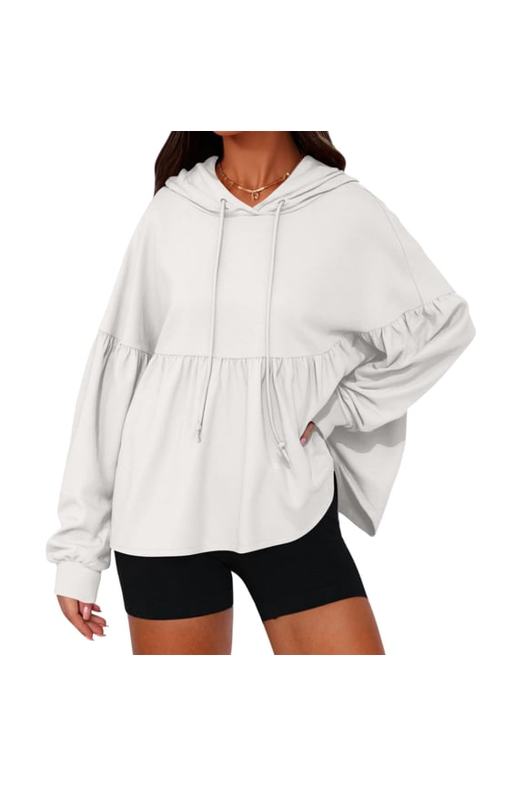 Womens Oversized Hoodies Sweatshirts Casual Lantern Long Sleeve Peplum Hem Pullover Tops Loose Plain Solid Drawstring Hooded Flowy Blouses