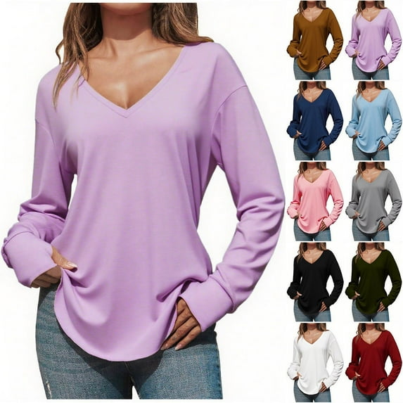 qolati Womens Oversized Long Sleeve Shirts Fall Trendy V Neck Basic T Shirt Fashion Casual Loose Fit Tunic Tops Y2k Clothes Wine M