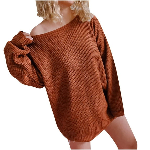 qolati Womens Oversized Sweater 2024 Fall Off The Shoulder Tops Long Sleeve Waffle Knit Shirt Drop Shoulder Sweaters Top