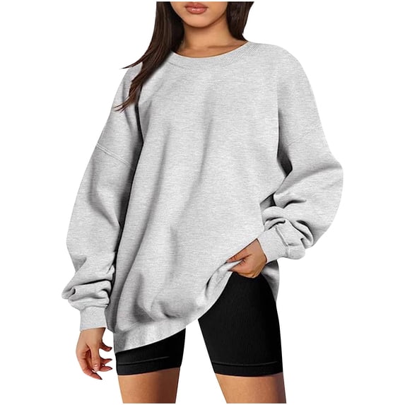 qolati Womens Oversized Sweatshirts Hoodies Fleece Crew Neck Pullover Sweaters Casual Comfy Basic Tops Fall Fashion Outfits Clothes 2024 Gray S
