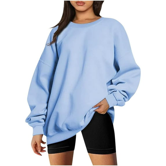 qolati Womens Oversized Sweatshirts Hoodies Fleece Crew Neck Pullover Sweaters Casual Comfy Basic Tops Fall Fashion Outfits Clothes 2024 Light Blue S