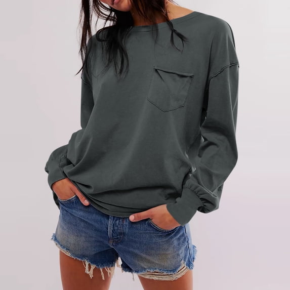 qolati Womens Oversized Sweatshirts Lightweight Crewneck Long Sleeve Shirts for Women Fall Pullover Tops with Pocket Loose Fit Cute Clothes