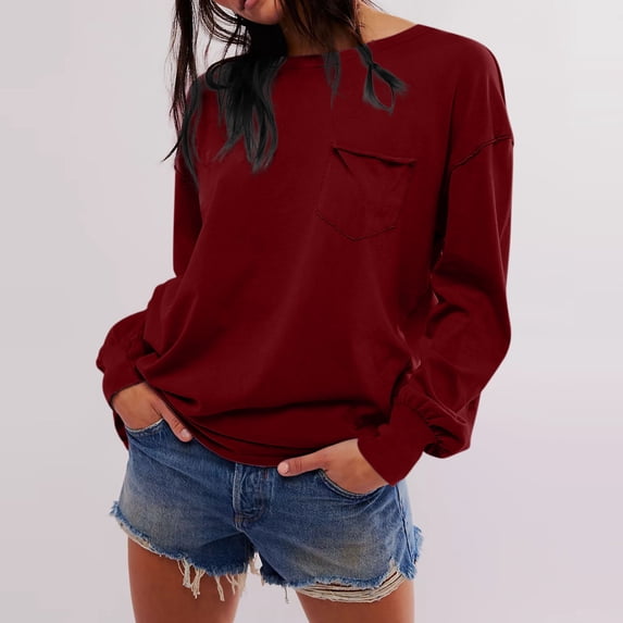 qolati Womens Oversized Sweatshirts Lightweight Crewneck Long Sleeve Shirts for Women Fall Pullover Tops with Pocket Loose Fit Cute Clothes