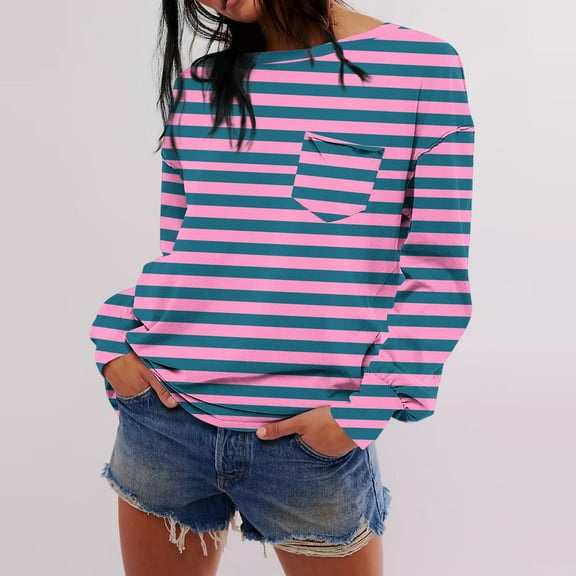 qolati Womens Oversized Sweatshirts Lightweight Striped Color Block Crewneck Long Sleeve Shirts 2024 Fall Pullover Tops with Pocket