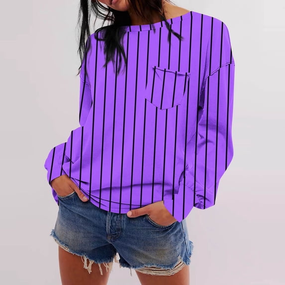 qolati Womens Oversized Sweatshirts Lightweight Striped Color Block Crewneck Long Sleeve Shirts 2024 Fall Pullover Tops with Pocket