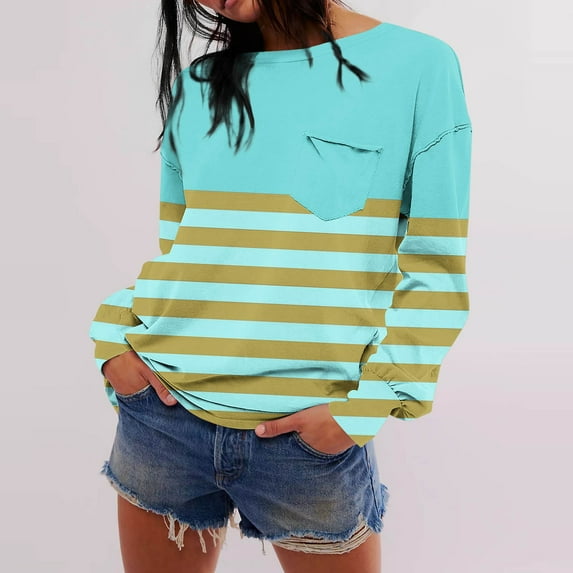 qolati Womens Oversized Sweatshirts Lightweight Striped Color Block Crewneck Long Sleeve Shirts 2024 Fall Pullover Tops with Pocket
