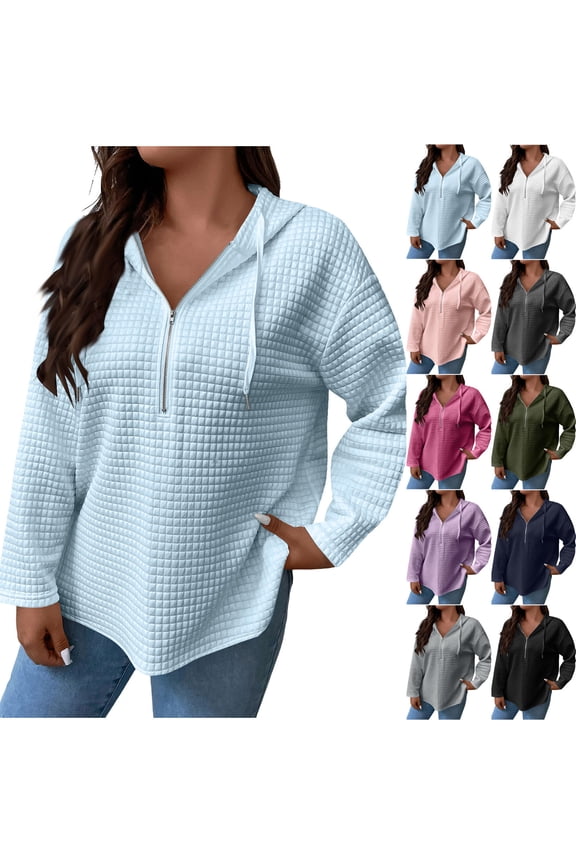 Womens Oversized Zip Up Hoodie Sweatshirt Lightweight Quarter Zip Hooded Pullover Tops Waffle Textured Causal Long Sleeve Fashion Hoodies Navy XXXL