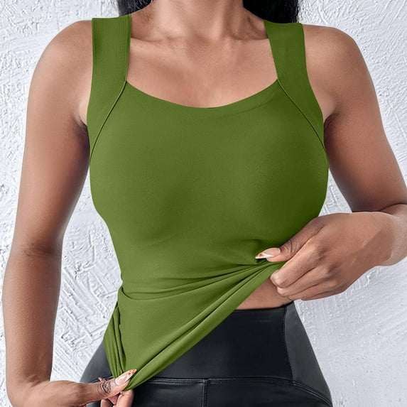 qolati Womens Padded Tank Tops Double Lined Built in Bra Sleeveless T-Shirts Square Neck Longline Sports Bra Slim Fitted Basic Camisole Vest Tees Green S