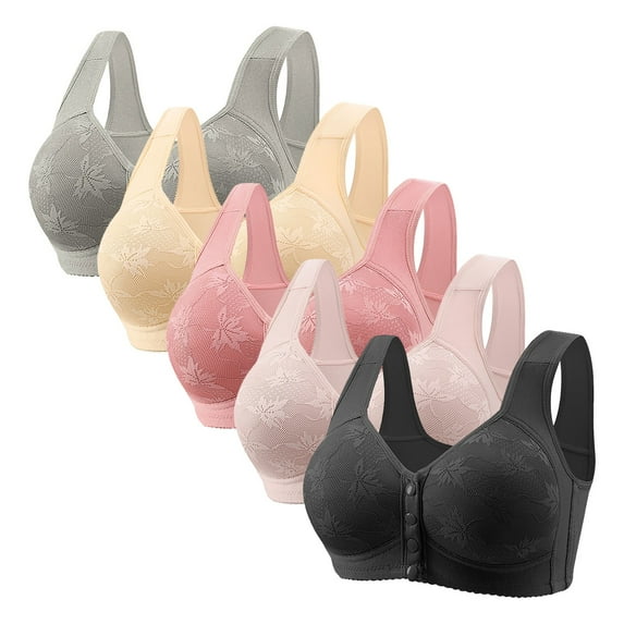 qolati 5 Pack Daisy Bras for Older Women Front Closure Push Up Bra No Underwire Sports Bra with Front Snaps Full Coverage Breathable Everyday Bras