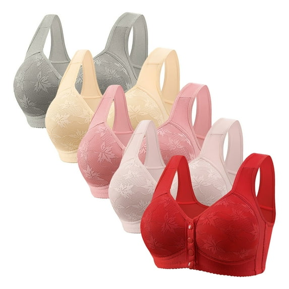 qolati 5 Pack Daisy Bras for Older Women Front Closure Push Up Bra No Underwire Sports Bra with Front Snaps Full Coverage Breathable Everyday Bras
