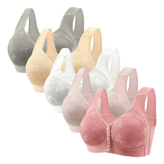 qolati 5 Pack Daisy Bras for Older Women Front Closure Push Up Bra No Underwire Sports Bra with Front Snaps Full Coverage Breathable Everyday Bras