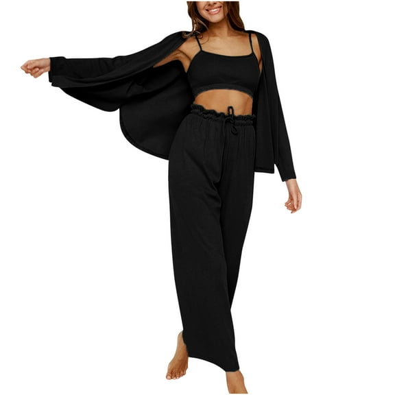qolati Womens Pajamas Set 3 Piece Sleewear Pjs Outfits Comfy Crop Tank Tops High Waist Pant and Long Cardigan Sweatsuit Loungewear Set