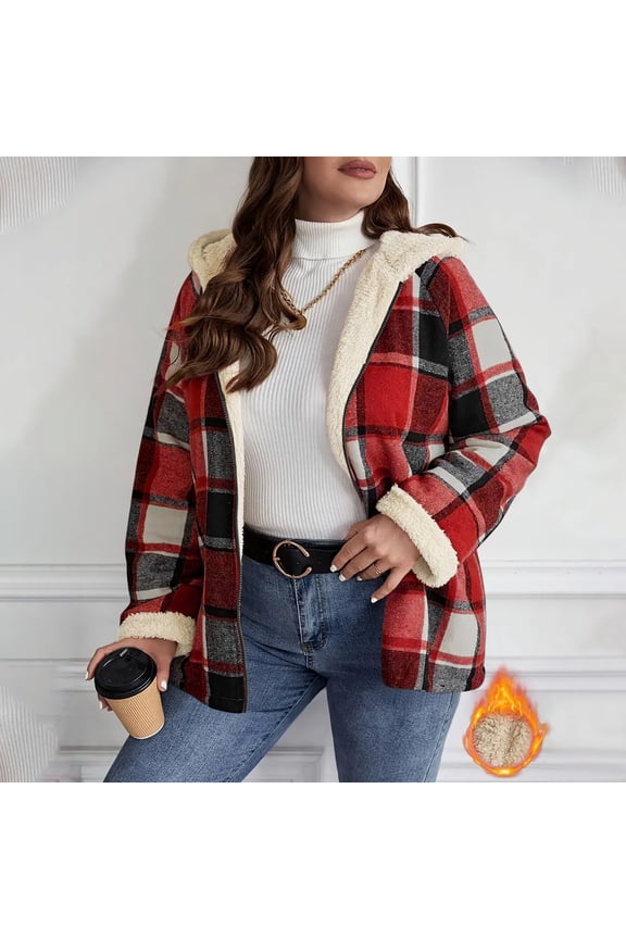 Womens Plaid Shacket Jacket Trendy Sherpa Lined Hooded Jackets Oversized Winter Warm Zip Up Fleece Hoodies Coat Casual Outwear S-2XL