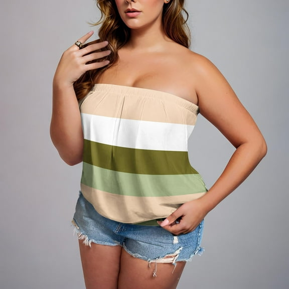 qolati Womens Plus Size Tube Tops Casual Summer Backless Strapless Vests Off The Shoulder Tees Striped Patchwork Print Sleeveless Bandeau Tank Top