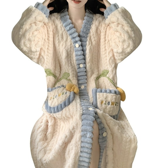qolati Womens Plush Fleece Robe Shawl Collar Button Front Soft Warm Bathrobe Fuzzy Female Spas Robe with Pockets