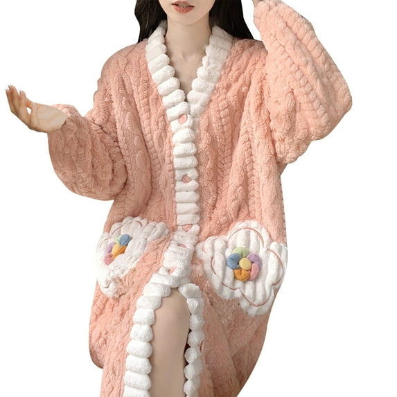 qolati Womens Plush Fleece Robe Shawl Collar Button Front Soft Warm Bathrobe Fuzzy Female Spas Robe with Pockets