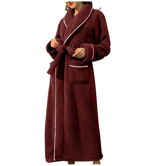 qolati Womens Plush Hooded Robe Soft Fleece Flannel Long Robe Fuzzy Female House Spas Robe Warm Thick Kimonos Bathrobes with Pockets