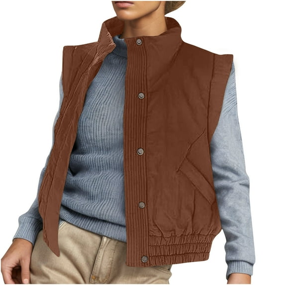qolati Womens Puffer Vest Cropped Lightweight Button Down Quilted Vest Scrunch Stand Collar Sleeveless Padded Gilet Coat with Pockets Brown XXL 12