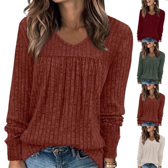 qolati Womens Ribbed Tops Dressy Casual Pleated Ruffle Long Sleeve Tunics Tops Loose Fit V Neck Work Blouse Wine S