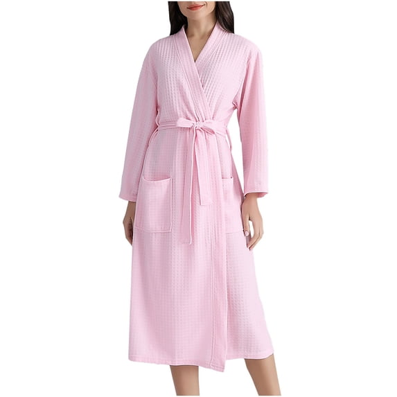 qolati Womens Robe Waffle Knit Robes for Women Soft Long Sleeve Bathrobe Lightweight Mid Length Loungewear with Pockets