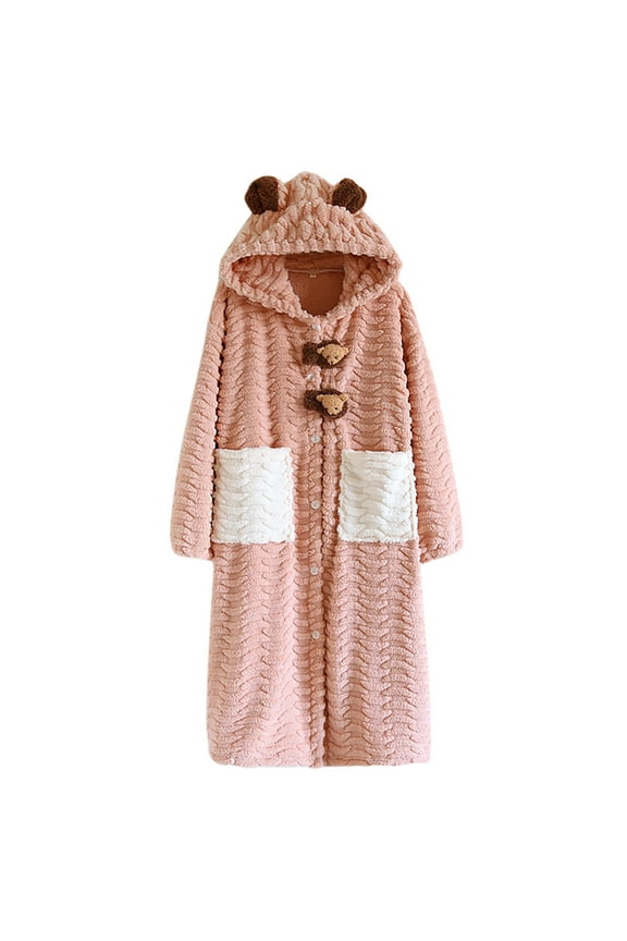 Womens Robes Plush Hooded Bathrobe Soft and Comfortable Warm Fleece Pajama Women Flannel Nightgown Robe with Pockets