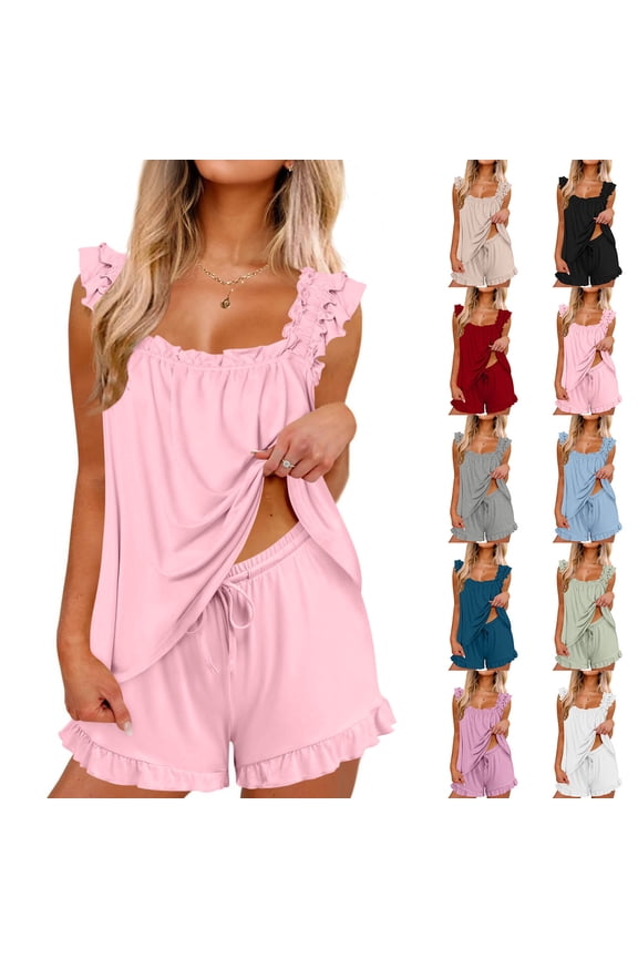 Womens Ruffle Pajama Set 2 Piece Soft Square Neck Tank Top Drawstring Shorts Cute Summer Sleepwear Bridal Pjs Sets White M
