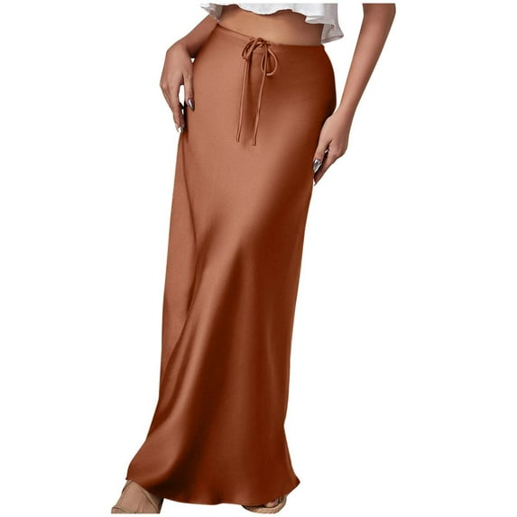 qolati Womens Satin Maxi Skirts Casual Silk High Waisted Drawstring Long Skirts Elegant Stretchy Flowy Cocktail Party Wedding Pencils Skirts