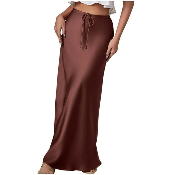 qolati Womens Satin Maxi Skirts Casual Silk High Waisted Drawstring Long Skirts Elegant Stretchy Flowy Cocktail Party Wedding Pencils Skirts