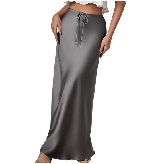 qolati Womens Satin Maxi Skirts Casual Silk High Waisted Drawstring Long Skirts Elegant Stretchy Flowy Cocktail Party Wedding Pencils Skirts